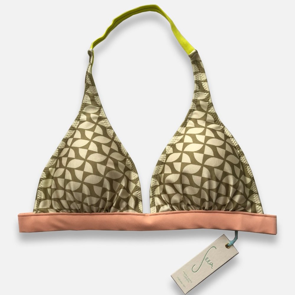 Seea Triangle Bikini Top in Olive Pattern with Peach Band and Neon Yellow Strap